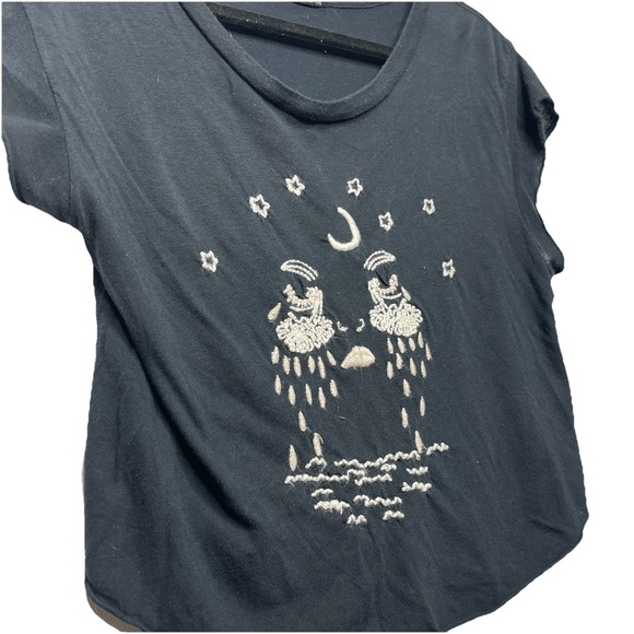 John Galt‎ Brandy Melville Black Tee Embroidered Stars Moon Crying Boho Face OS - Picture 3 of 8